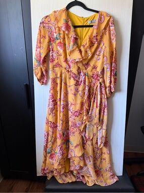 Danny and Nicole Floral Ruffle Wrap Midi Dress in Mustard